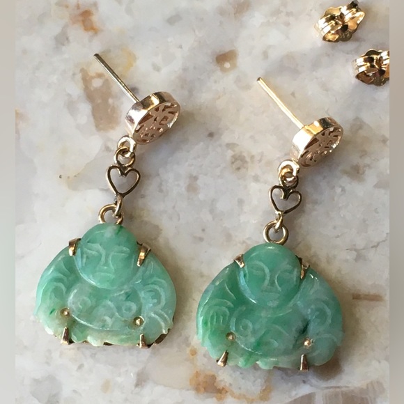 14K Solid Gold Antique Jade Earrings - Picture 2 of 4